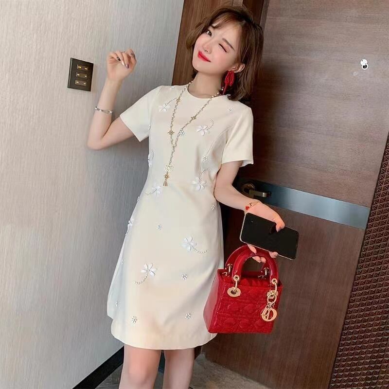 【dress】美感いっぱいラウンドネック半袖無地ビーズ飾り披露宴二次会韓国ファッションワンピースF2186