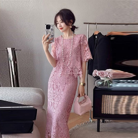 【set】半袖ブラウス+スカートレース2点セットF7447