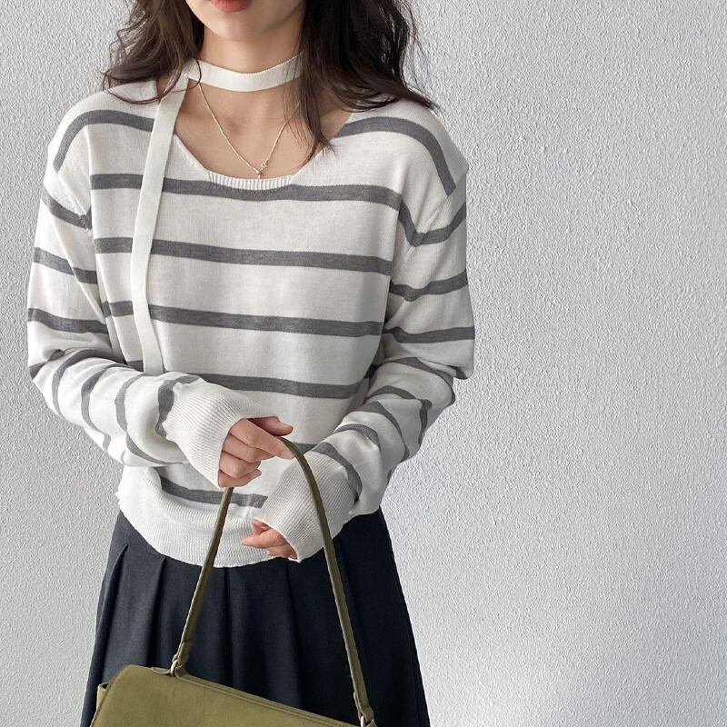 【tops】スカーフ付きボーダー柄ニットトップス Q8284