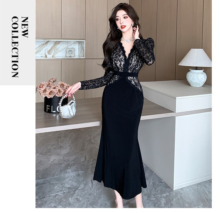 【dress】レース切り替えマーメイドワンピース　M26252