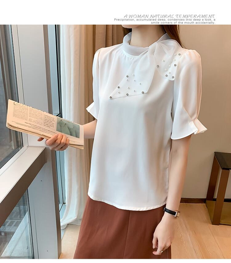 【tops】美人度アップ!スウィートリボンルーズシフォンパフスリーブフランス風シャツ G6683