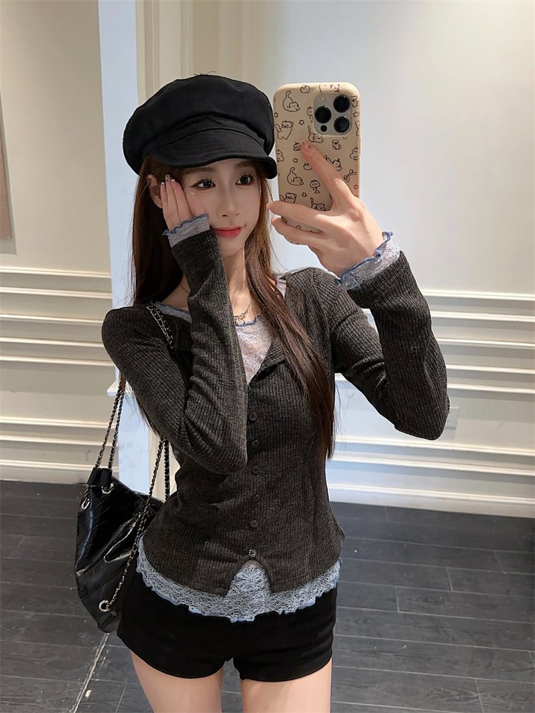 【【tops】レースドッキングニットトップス　M28831
