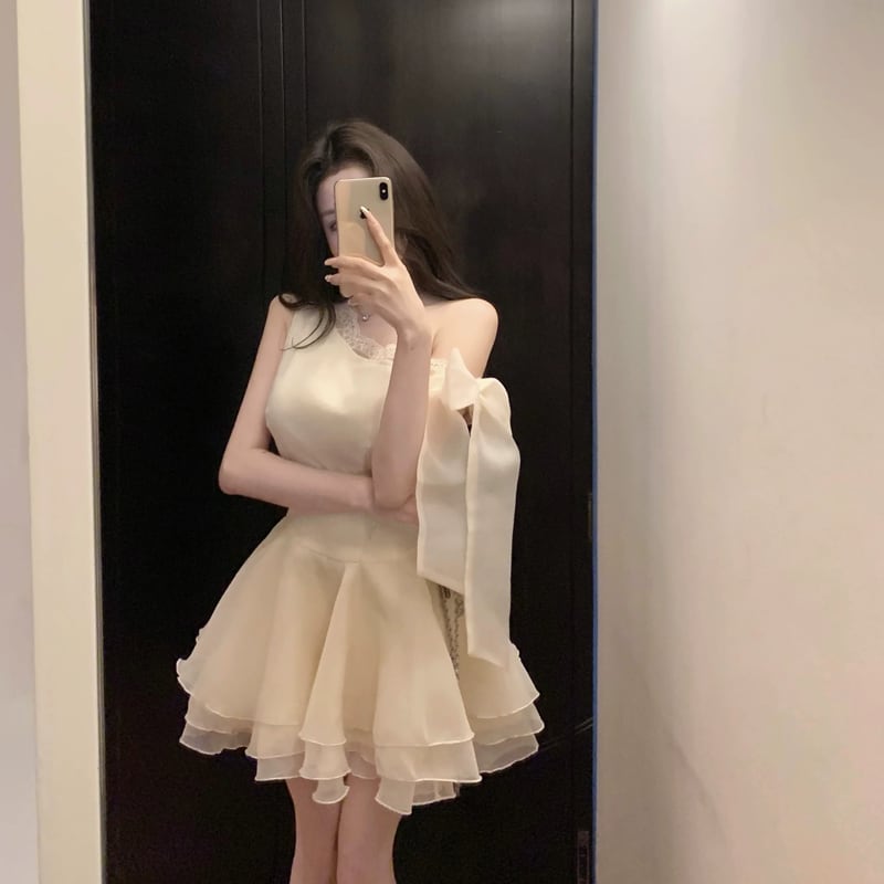 【dress】レースドッキングフレアチュールワンピース Q8514