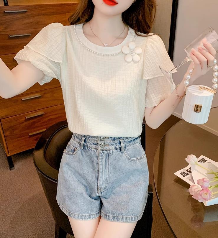 【tops】ラウンドネック半袖パフ袖ブラウスF7509