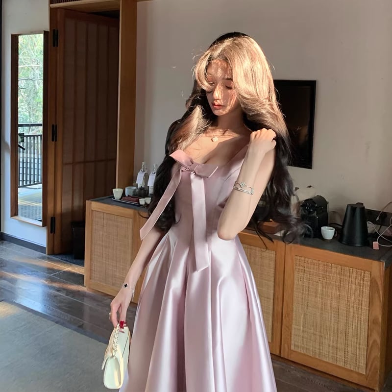 【dress】リボン付きフレアロングキャミワンピース Q8380