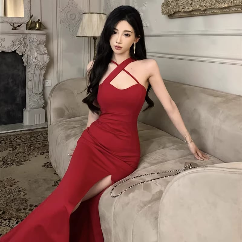 【dress】スリットクロスネックワンピース Q8339