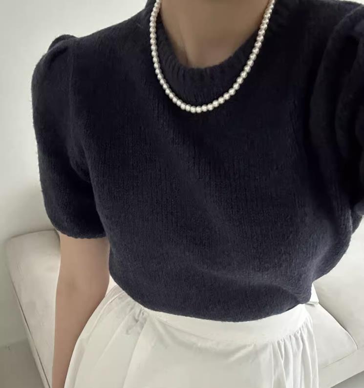 【tops】半袖パフ袖ニットＴシャツF7427