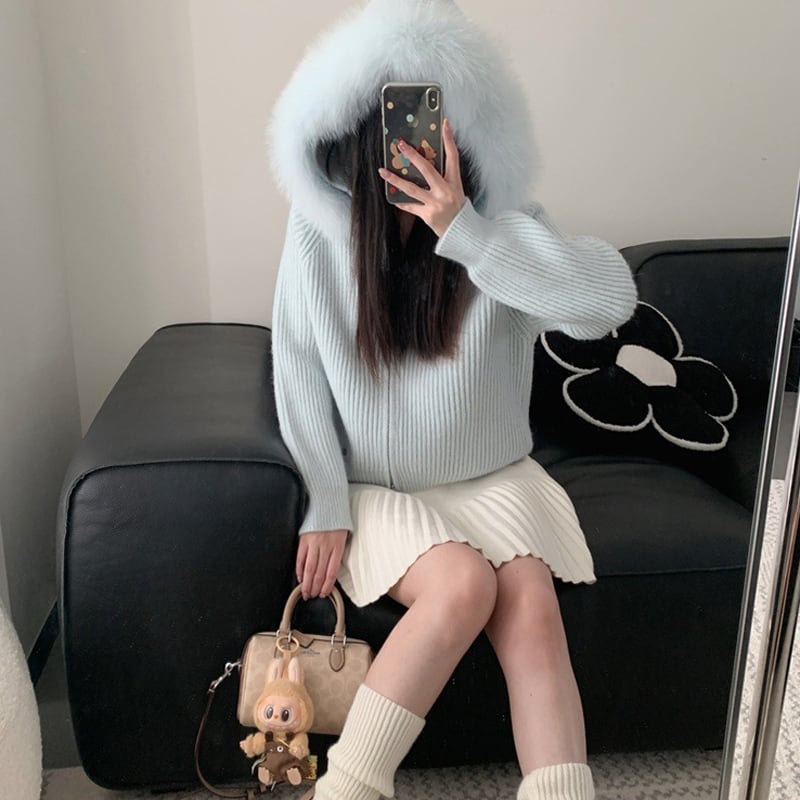 【outer】ファー付きニットカーディガン Q6996