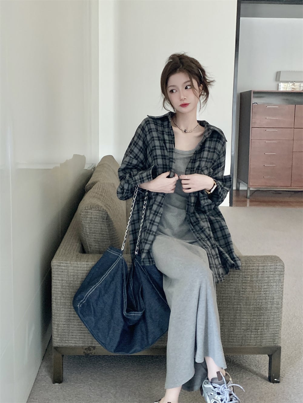 【set】チェック柄シャツ×キャミワンピースセット　M25124