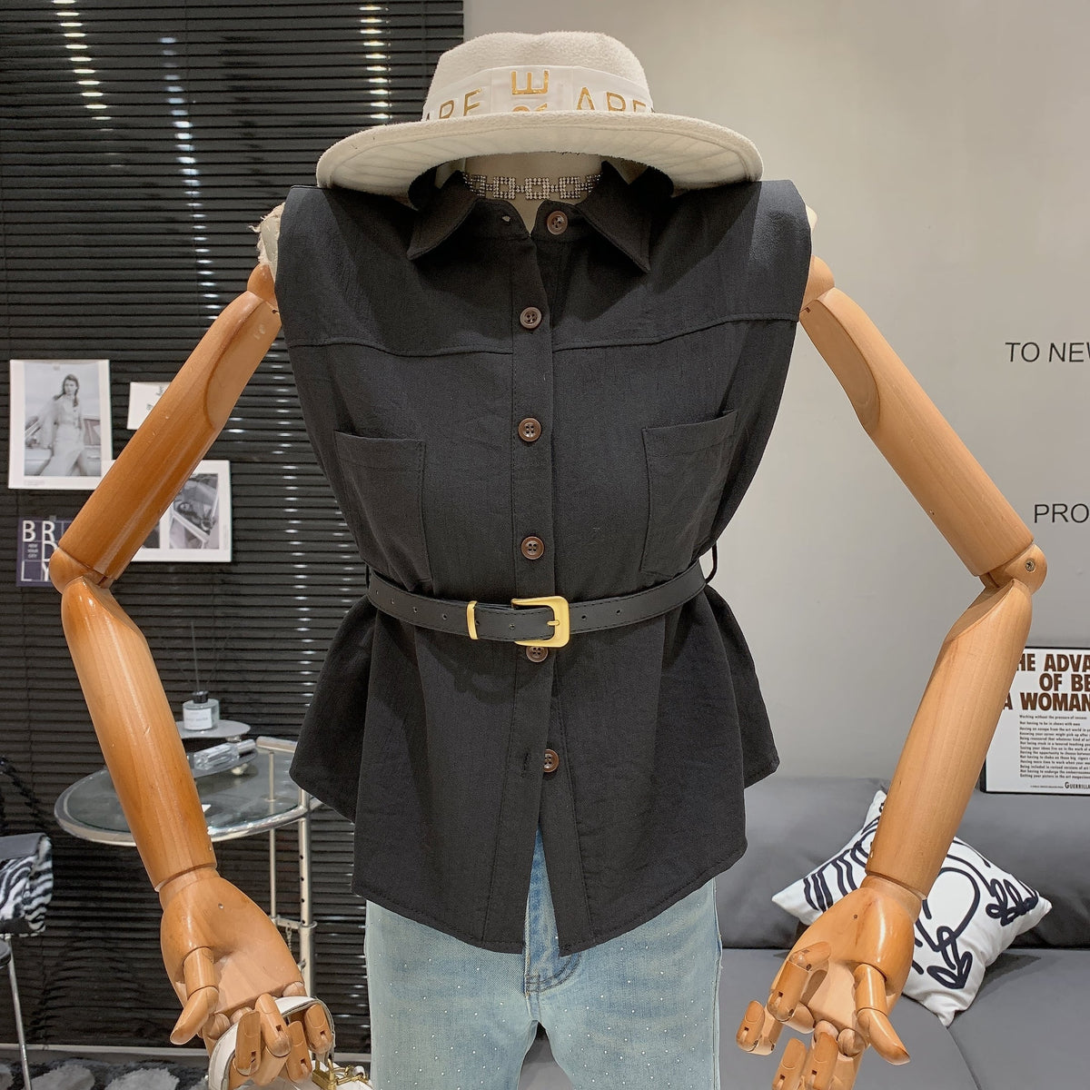 【tops】POLOネックノースリーブシャツトップスベルト付き　M25014