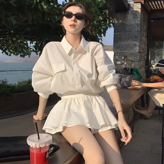 【set】POLOネックブラウス+スカート２点セットG21434