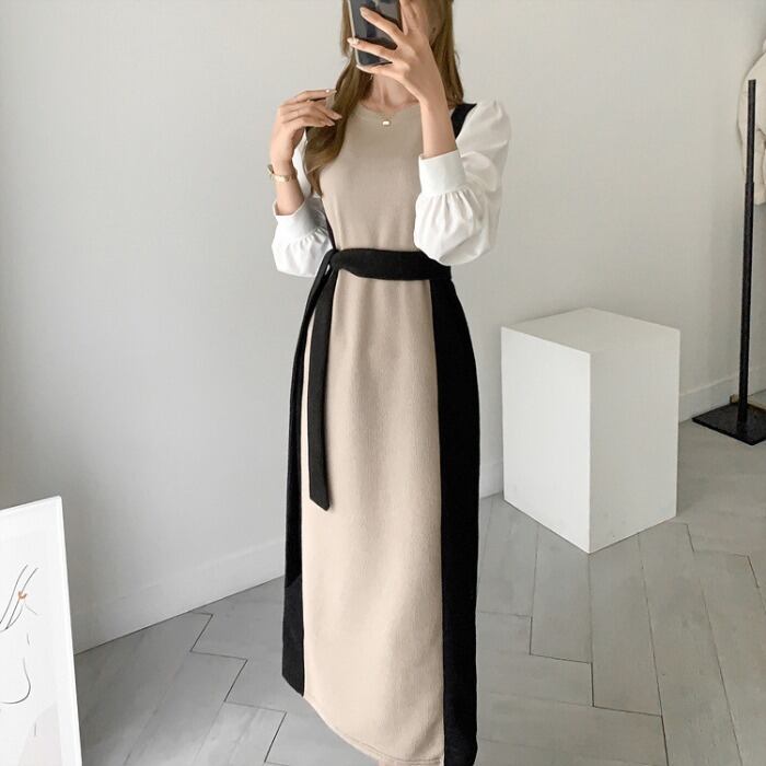 【dress】韓流スタイル!気質満点レトロINS風切り替えニットAラインパフスリーブワンピース G2949