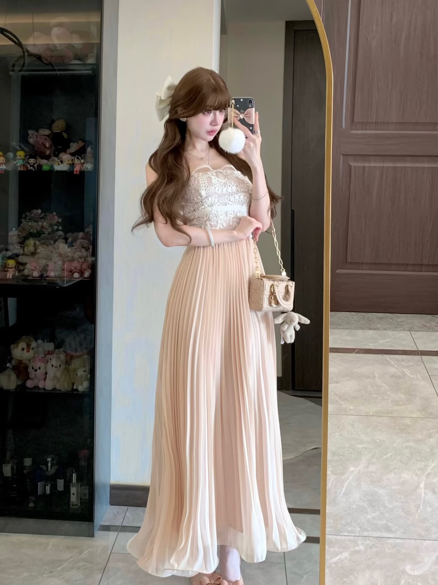 【dress】レースドッキングプリーツロングワンピース N3526