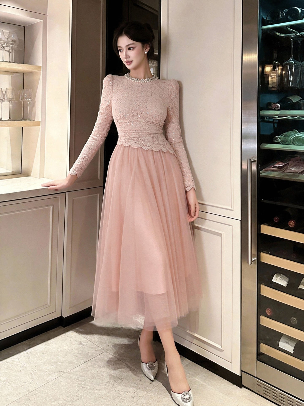 【dress】ビーズ付きレースドッキングワンピース Q8495