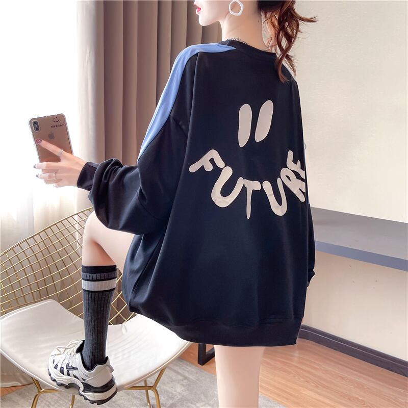 【tops】オシャレ度満点〜ラウンドネック長袖配色英字柄ゆったり着回しパーカーF0677