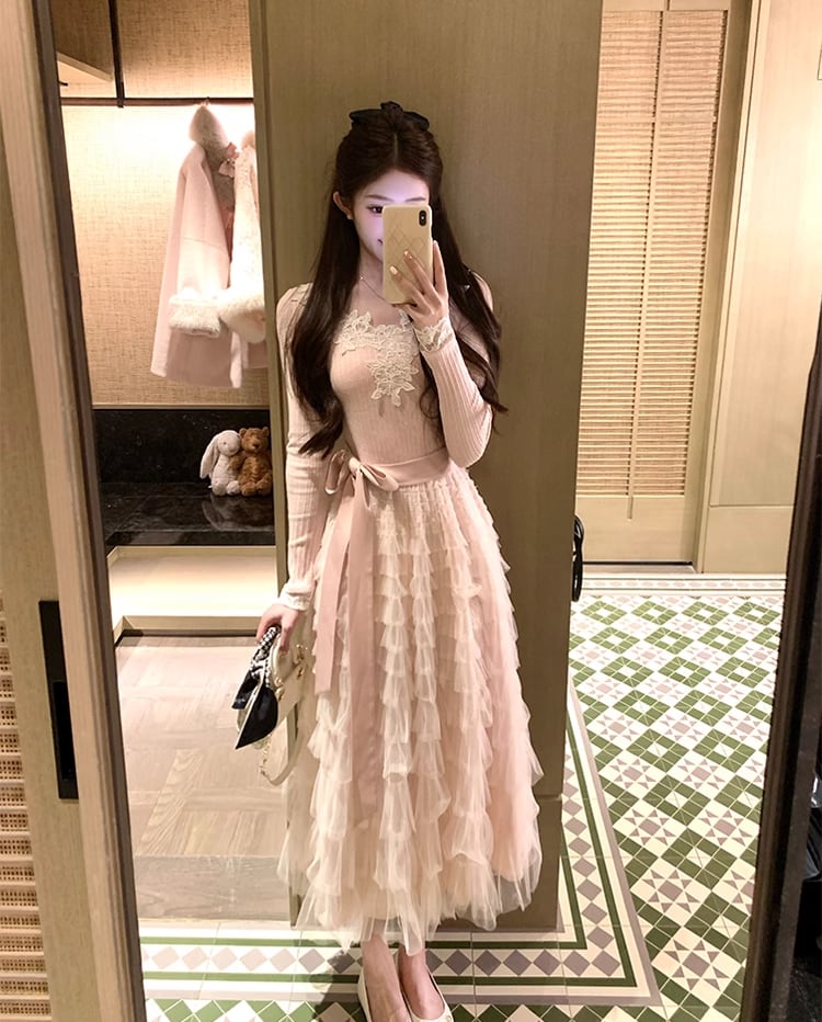 【dress】レース付きニットドッキングチュールワンピース Q7646
