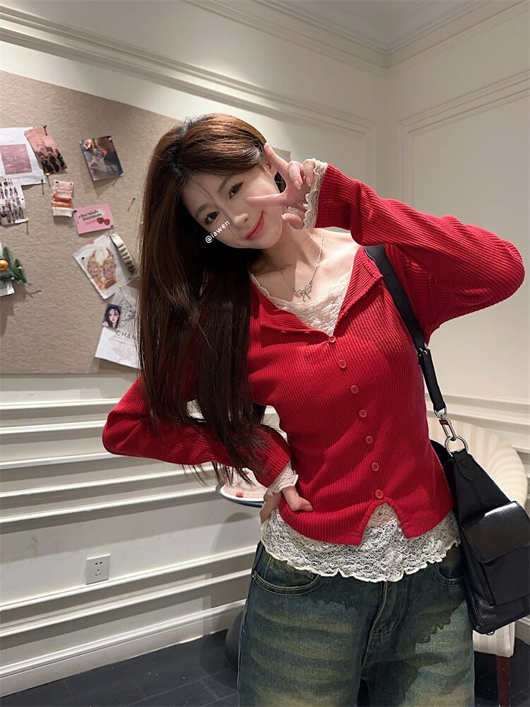 【【tops】レースドッキングニットトップス　M28831
