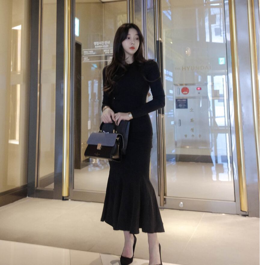 【dress】韓流スタイル気質満点長袖ラウンドネック体型カバーマーメイドワンピース G2416