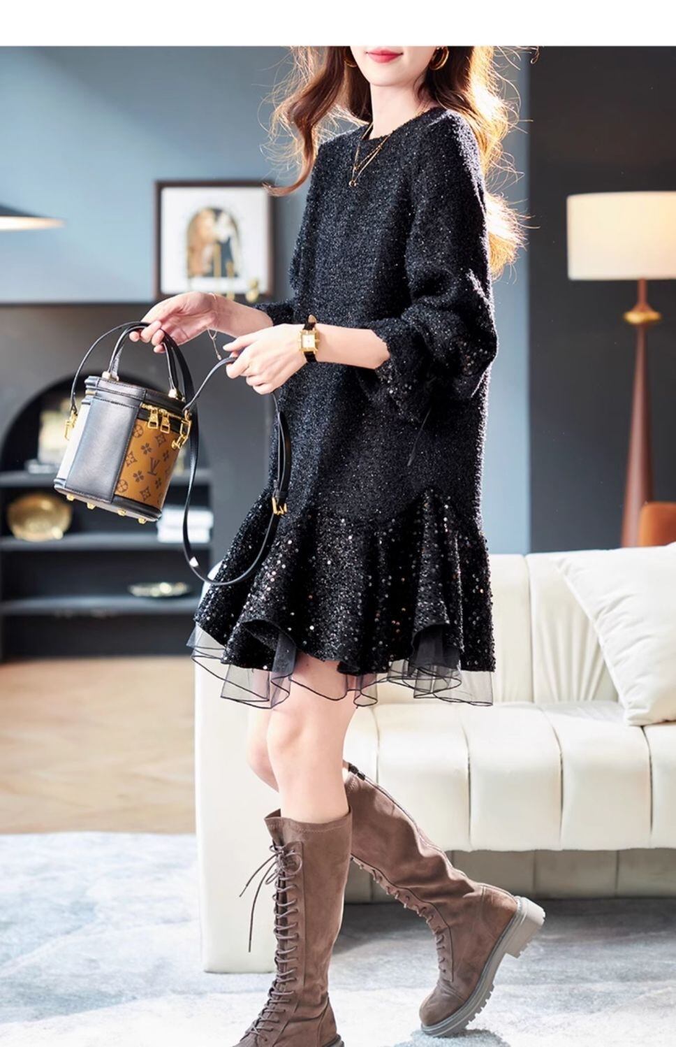 【dress】スパンコール付きチュールドッキングフレアワンピース　N2887