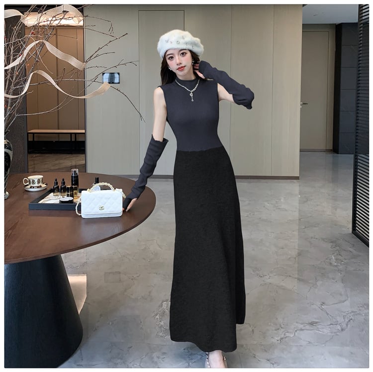 【dress】アームカバー付きドッキングニットワンピース　M28118