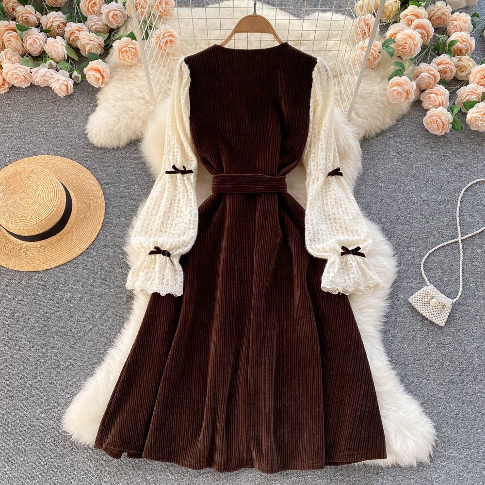 【dress】ファッションレトロスウィートデザインレース切り替えパフスリーブワンピース G3200