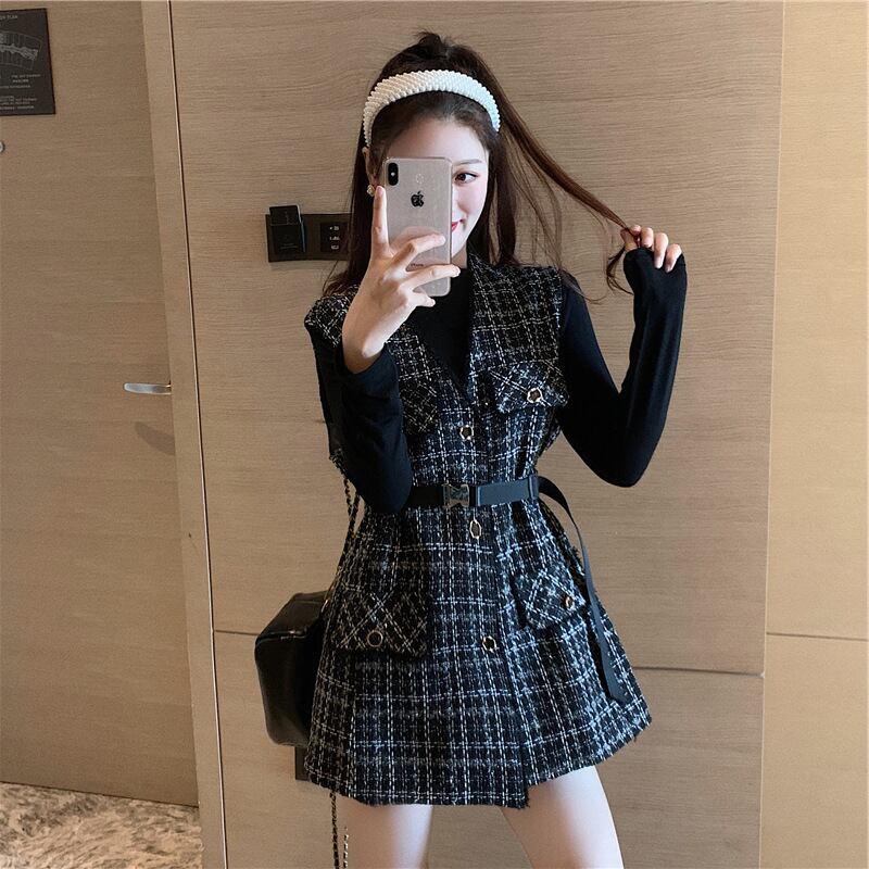 【set】オシャレ度満点〜無地着やせＴシャツ+チェック柄ベスト通勤日常ファッション2点セットF0782