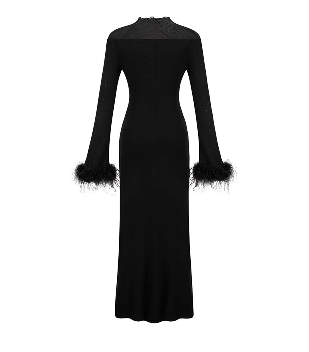 【dress】袖ファーチュールドッキングニットワンピース Q7559