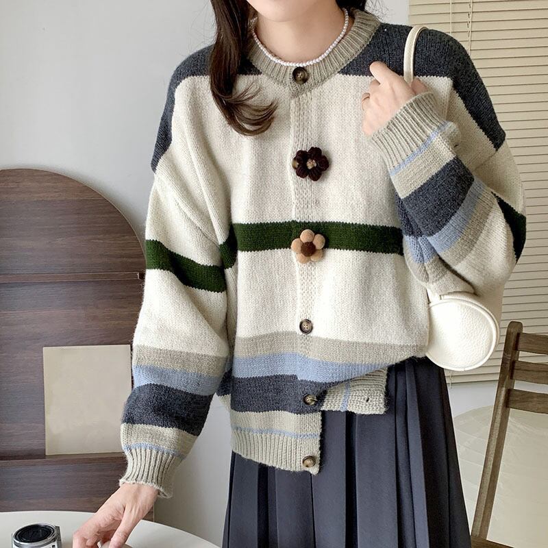 【outer】ボーダー柄ニットカーデ　M18890