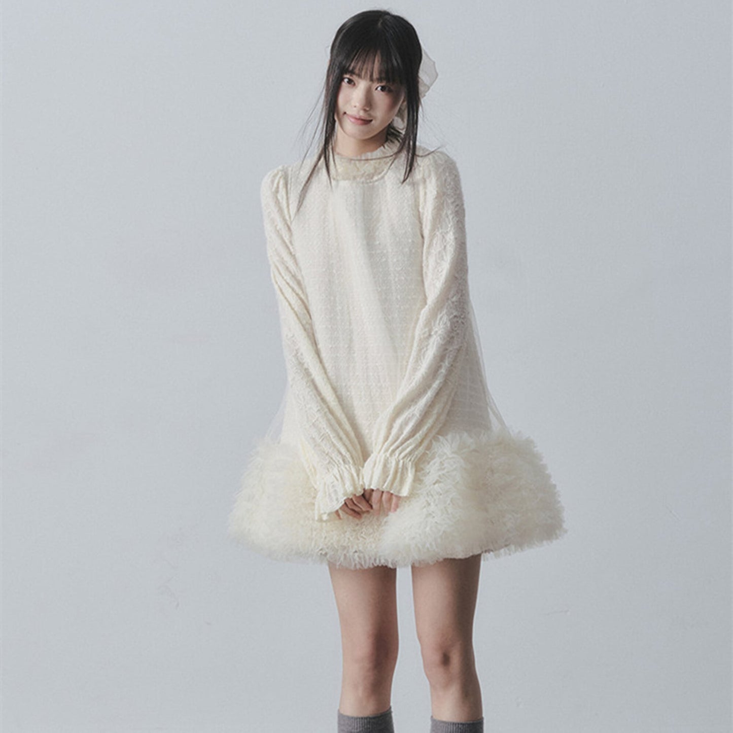 【dress】チュールフリルツイードノースリーブミニワンピース　N3523
