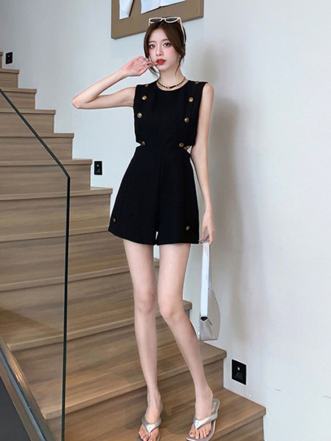 【set】ノースリーブ透かし彫りオールインワンF7374