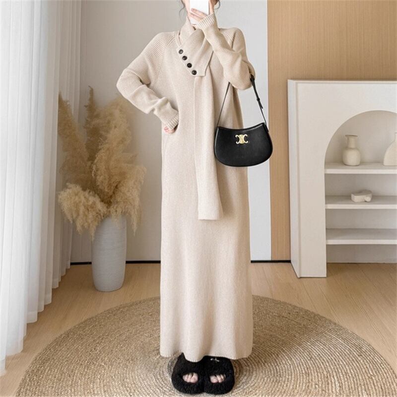 【dress】マフラー付きロングニットワンピース Q7315