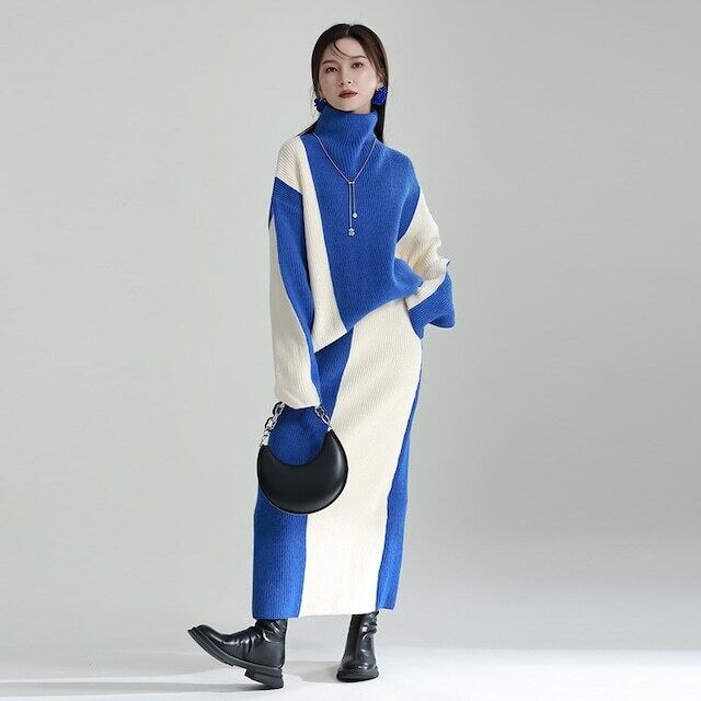 【set】ハイネックセーター+スカート配色２点セット F6295