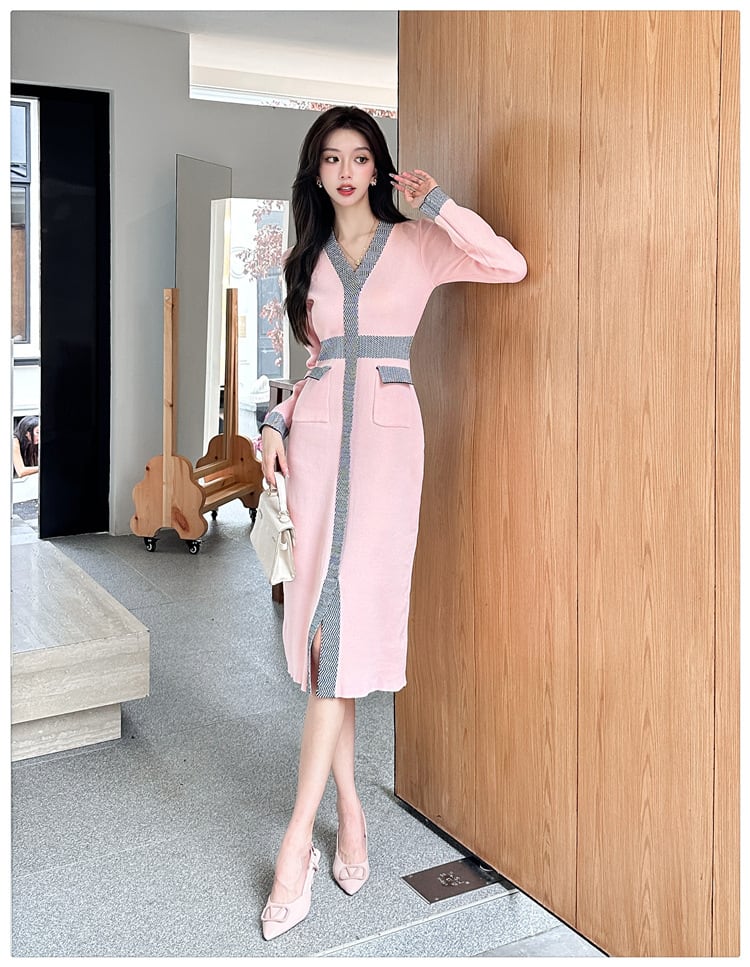【dress】Vネックニットワンピース　M28034