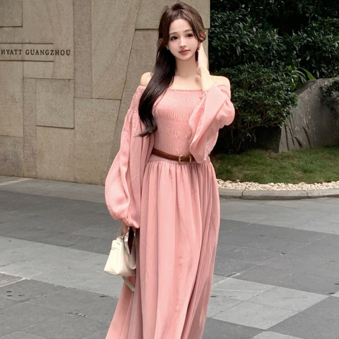 【dress】ボートネックワンピースベルト付き　M24667