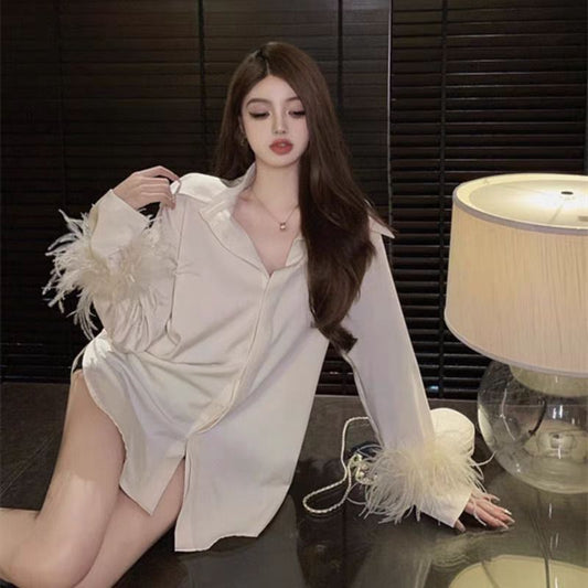 【tops】デザイン無地長袖ブラウスG22538