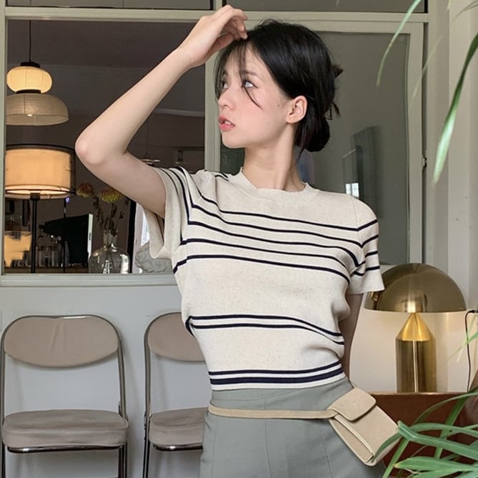 【tops】ストライプ柄ニットトップスG21082
