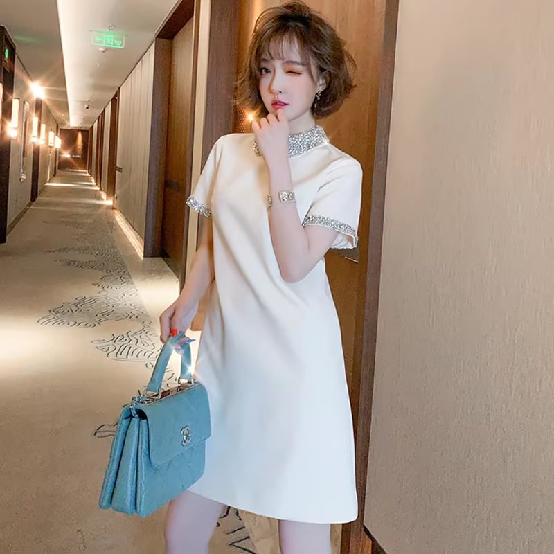 【dress】ラインストーン付きミニワンピース Q8435