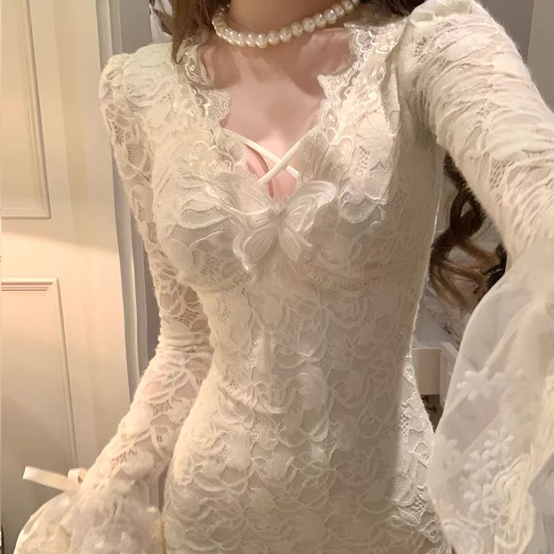 【dress】Vネックレースワンピース Q7734
