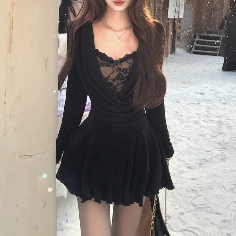 【dress】レースドッキングフレアワンピース Q7616