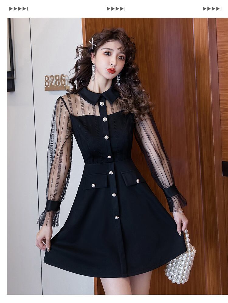 【dress】ファッション好感度UP!気質満点レトロPOLOネック切り替え着痩せワンピース