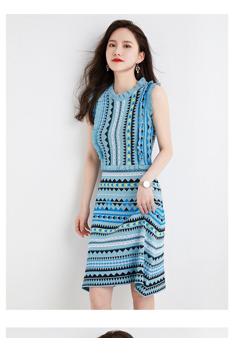 【dress】ファッションストライプ柄切り替え気質満点ノースリーブニット ワンピース G0407