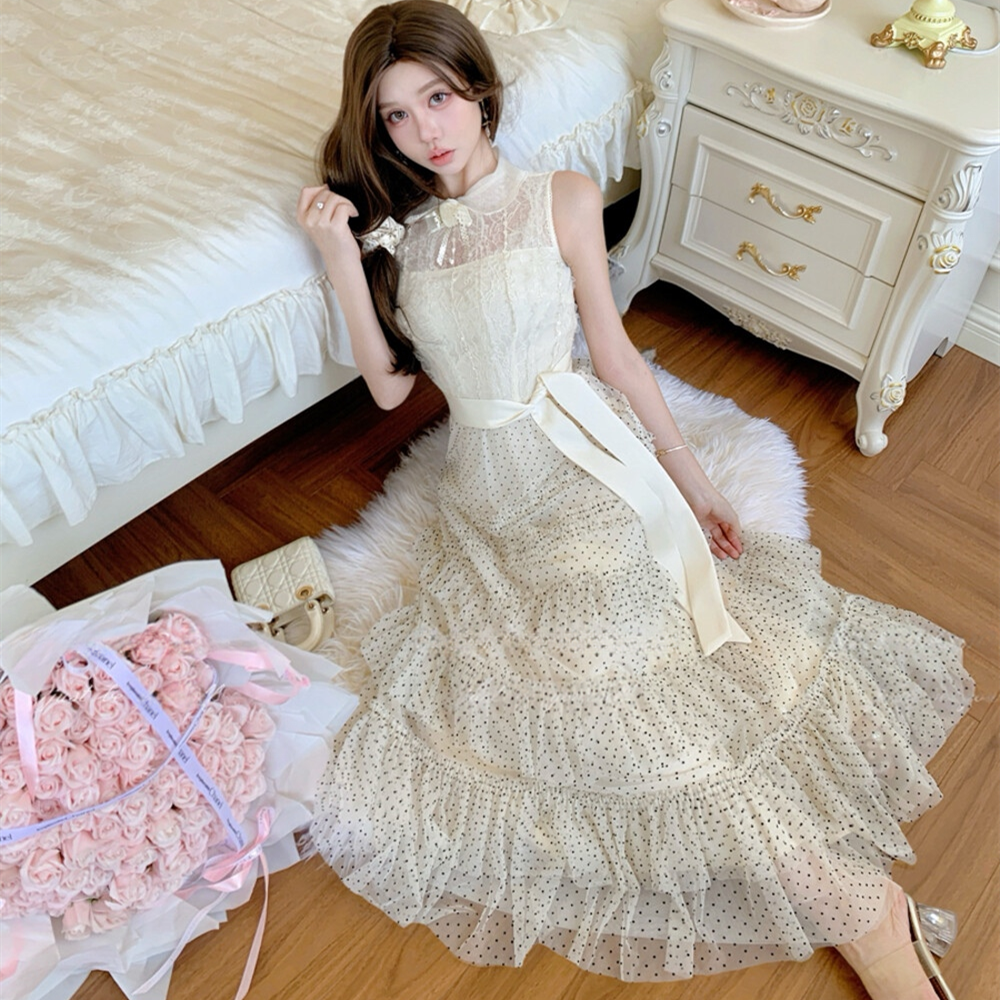 【dress】レースドッキングドットロングワンピース　N3541
