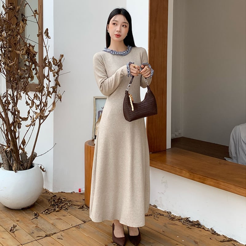【dress】パール付きニットワンピース Q7053