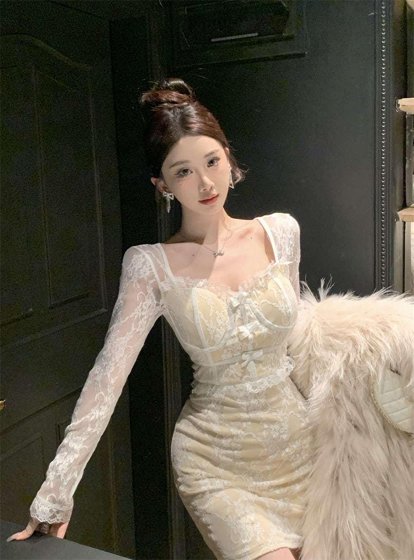 【dress】リボン付きレース切り替えワンピース　M26395