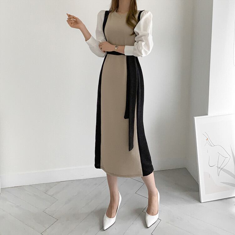 【dress】韓流スタイル!気質満点レトロINS風切り替えニットAラインパフスリーブワンピース G2949