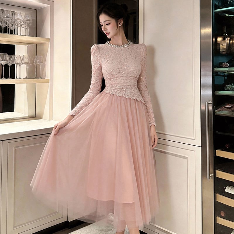 【dress】ビーズ付きレースドッキングワンピース Q8495