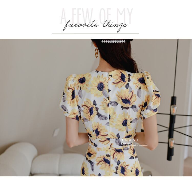 【dress】Vネック花柄パフスリーブワンピース G21005