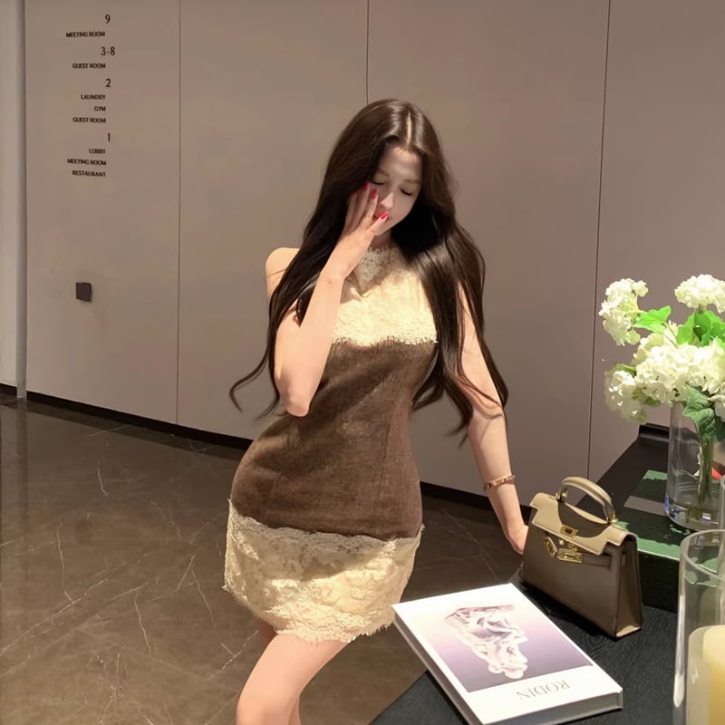 【dress】ノースリーブレースドッキングワンピース Q8023