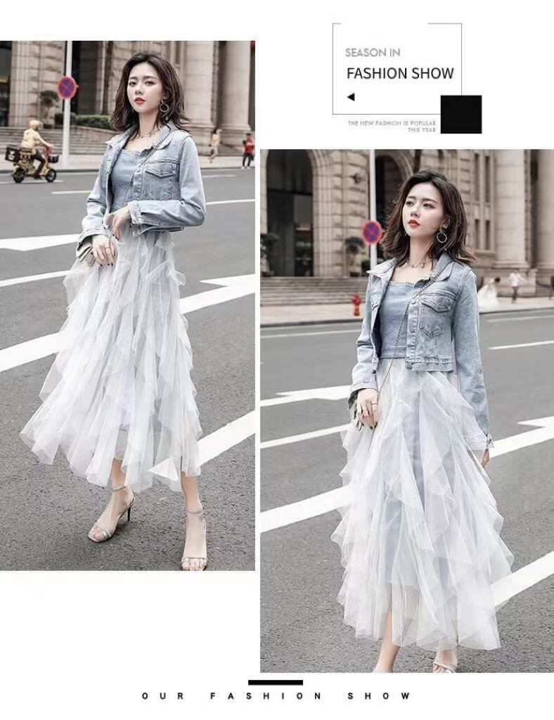 【set】一目惚れ！デニムジャケット+メッシュ切り替えキャミワンピースINS風2点セットF0751