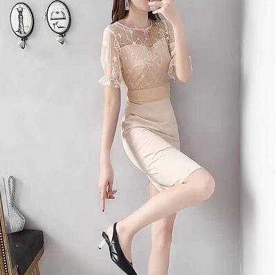 【dress】気質溢れる♪エレガントOL通勤ラウンドネックラッパ袖レース切り替えデートワンピースF2026